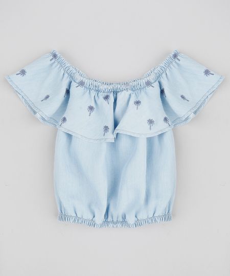 Blusa Ciganinha Jeans Infantil água de coco com Bordado de Coqueiros Azul Claro Menor preço em Blusa Ciganinha Jeans Infantil água de coco com Bordado de Coqueiros Azul Claro