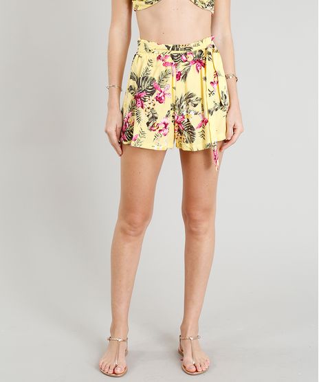 Short-Feminino-Estampado-Floral-com-Faixa-para-Amarracao-Amarelo-9450682-Amarelo_1