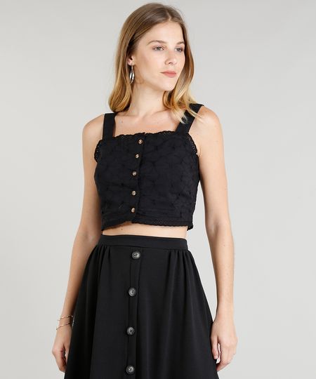 Top Cropped Feminino em Laise com Botões Preto Menor preço em Top Cropped Feminino em Laise com Botões Preto
