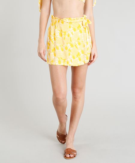 Short Saia Feminino Estampado de Abacaxi Curto Amarelo Menor preço em Short Saia Feminino Estampado de Abacaxi Curto Amarelo