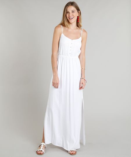 Vestido Longo Feminino com Renda e Fendas Branco Menor preço em Vestido Longo Feminino com Renda e Fendas Branco