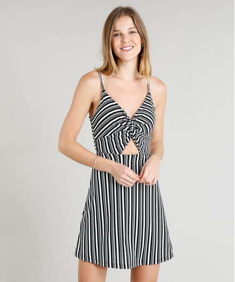 Vestido-Feminino-Evase-Curto-Listrado-com-Vazado-Alcas-Finas-Decote-V-Preto-9336438-Preto_1