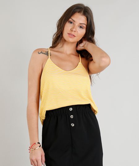 Regata Feminina Ampla Listrada Decote Nadador Amarela Menor preço em Regata Feminina Ampla Listrada Decote Nadador Amarela