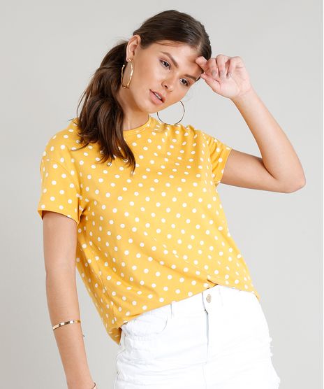 Blusa-Feminina-Estampada-de-Poas-Manga-Curta-Decote-Redondo-Mostarda-9348917-Mostarda_1