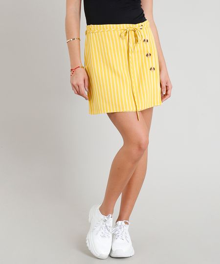 Saia-Feminina-com-Linho-Listrada-com-Botoes-Curta-Amarelo-9256658-Amarelo_1
