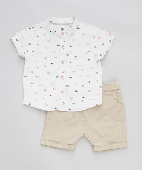 Conjunto-Infantil-de-Camisa-Estampada-em-Linho-Manga-Curta-Off-White---Bermuda-Kaki-9201530-Kaki_1