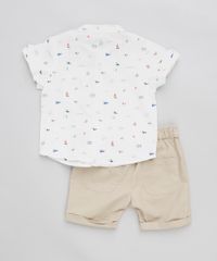 Conjunto-Infantil-de-Camisa-Estampada-em-Linho-Manga-Curta-Off-White---Bermuda-Kaki-9201530-Kaki_2