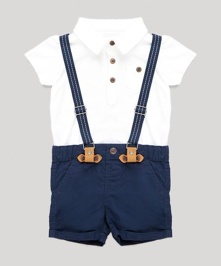 Conjunto Infantil de Polo Manga Curta Off White + Bermuda com Suspensório Azul Marinho Menor preço em Conjunto Infantil de Polo Manga Curta Off White + Bermuda com Suspensório Azul Marinho