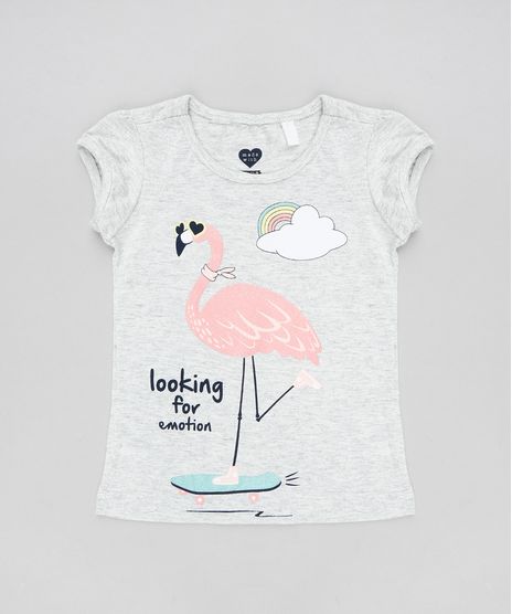 Blusa-Infantil-Flamingo-com-Glitter-Manga-Curta-Decote-Redondo-Cinza-Mescla-Claro-9301875-Cinza_Mescla_Claro_1