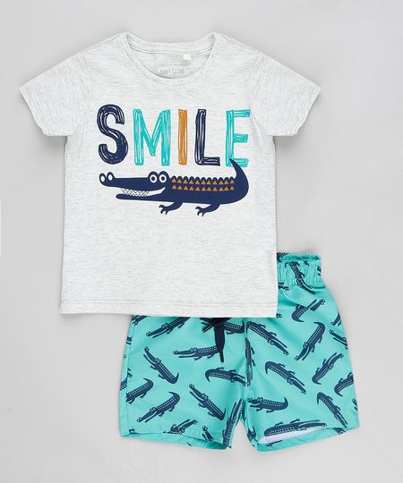 Conjunto-Infantil-de-Camiseta-Manga-Curta-Cinza-Mescla---Bermuda-Estampada-de-Jacares-Verde-Agua-9321303-Verde_Agua_1