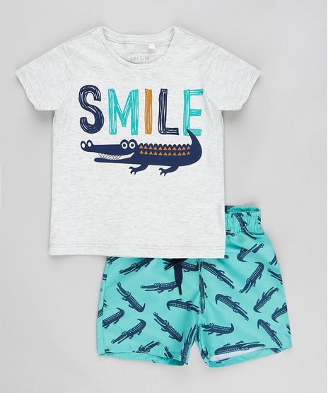Conjunto-Infantil-de-Camiseta-Manga-Curta-Cinza-Mescla---Bermuda-Estampada-de-Jacares-Verde-Agua-9321303-Verde_Agua_1