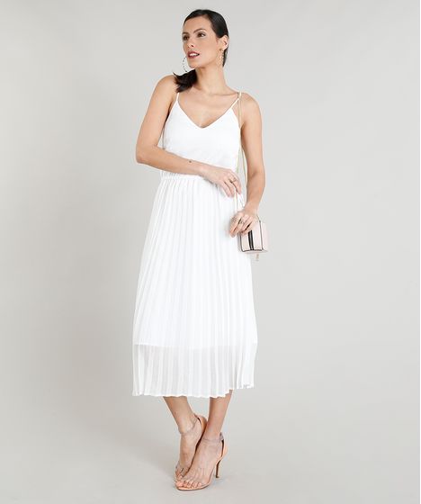 vestido longo branco plissado