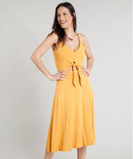 Vestido-Feminino-Midi-com-No-e-Recorte-Decote-V-Amarelo-9354719-Amarelo_1