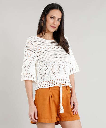 Blusa Feminina em Crochê Manga Curta Bege Claro Menor preço em Blusa Feminina em Crochê Manga Curta Bege Claro