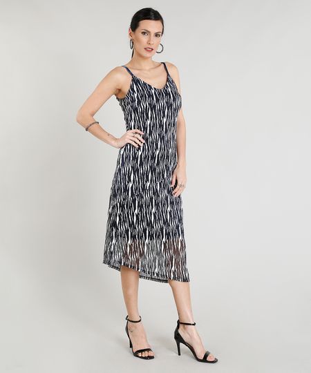 Vestido Feminino Midi Assimétrico Estampado com Lurex Azul Marinho Menor preço em Vestido Feminino Midi Assimétrico Estampado com Lurex Azul Marinho