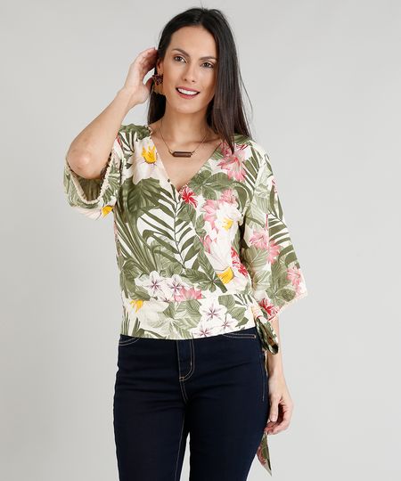 Blusa Feminina Estampada Floral com Amarração Manga Ampla Bege Claro Menor preço em Blusa Feminina Estampada Floral com Amarração Manga Ampla Bege Claro
