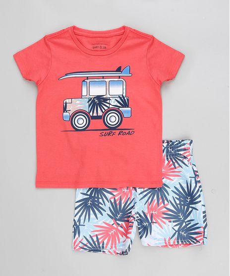 Conjunto-Infantil-de-Camiseta-Manga-Curta---Bermuda-Estampada-de-Folhagem-Coral-9321304-Coral_1