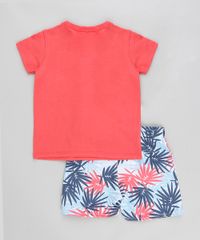 Conjunto-Infantil-de-Camiseta-Manga-Curta---Bermuda-Estampada-de-Folhagem-Coral-9321304-Coral_2