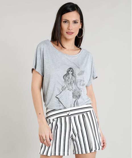 Blusa-Feminina-com-Estampa-de-Bicicleta-Manga-Curta-Decote-Redondo-Cinza-Mescla-9373526-Cinza_Mescla_1
