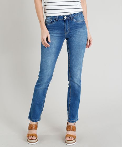 Calca-Jeans-Reta-Feminina-Cintura-Media-com-Bolsos-Azul-Medio-9372333-Azul_Medio_1
