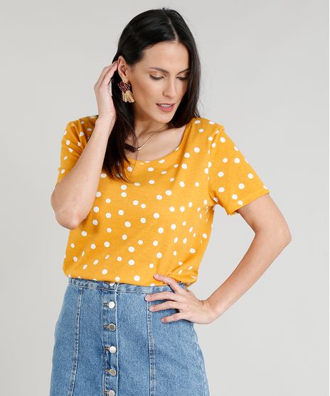 Blusa-Feminina-Estampada-de-Poa-Decote-Redondo-Manga-Curta-Mostarda-9350915-Mostarda_1