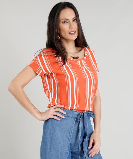 Blusa Feminina Ampla com Estampa Listrada Decote V Manga curta Laranja Menor preço em Blusa Feminina Ampla com Estampa Listrada Decote V Manga curta Laranja