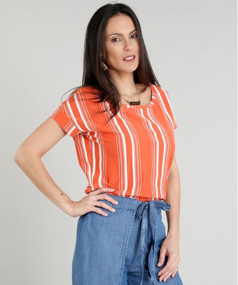 Blusa-Feminina-Ampla-com-Estampa-Listrada-Decote-V-Manga-curta-Laranja-9355694-Laranja_1