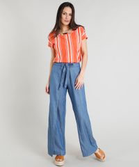 Blusa-Feminina-Ampla-com-Estampa-Listrada-Decote-V-Manga-curta-Laranja-9355694-Laranja_3