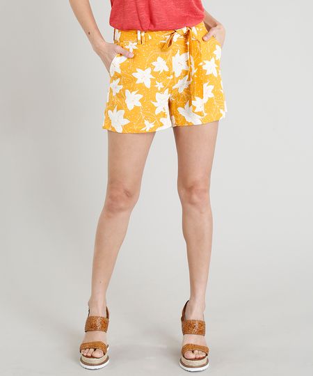 Short-Feminino-em-Linho-Estampado-Floral-com-Faixa-de-Amarracao-Amarelo-9281483-Amarelo_1