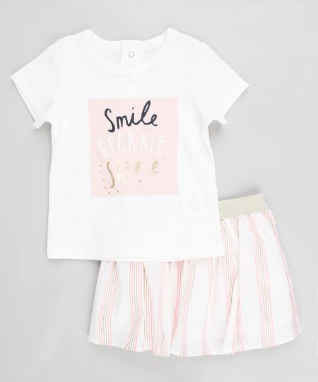 Conjunto Infantil de Blusa Manga Curta + Saia Listrada Branca Menor preço em Conjunto Infantil de Blusa Manga Curta + Saia Listrada Branca