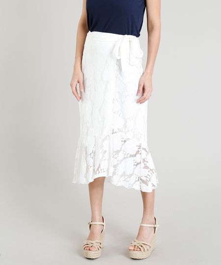 Saia Envelope Feminina Midi em Renda com Babado Off White Menor preço em Saia Envelope Feminina Midi em Renda com Babado Off White