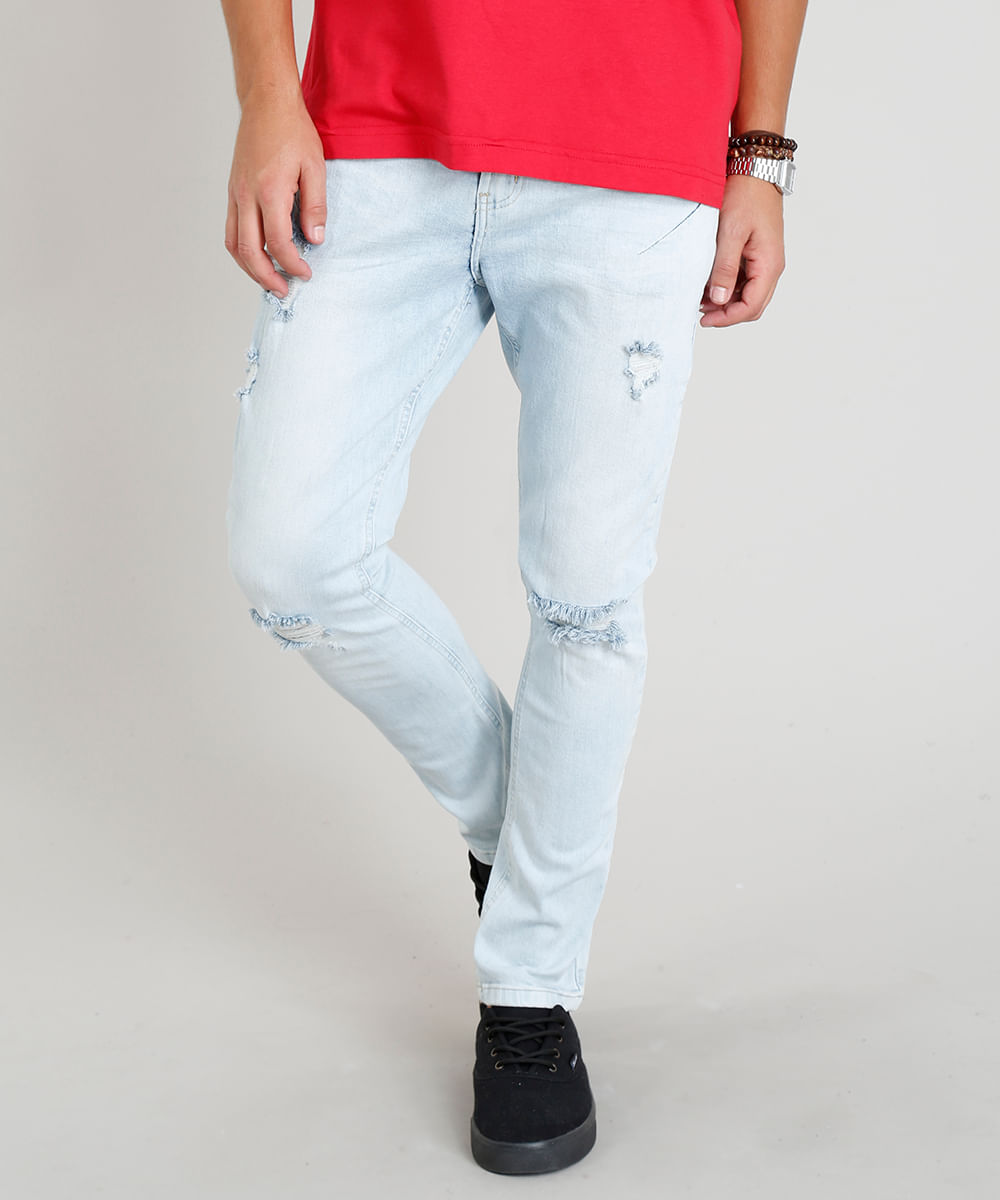 calça jeans masculina carrot destroyed azul claro