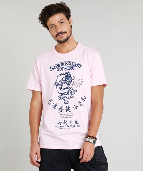 Camiseta-Masculina-com-Estampa-de-Dragao-Manga-Curta-Gola-Careca-Rosa-Claro-9349991-Rosa_Claro_1