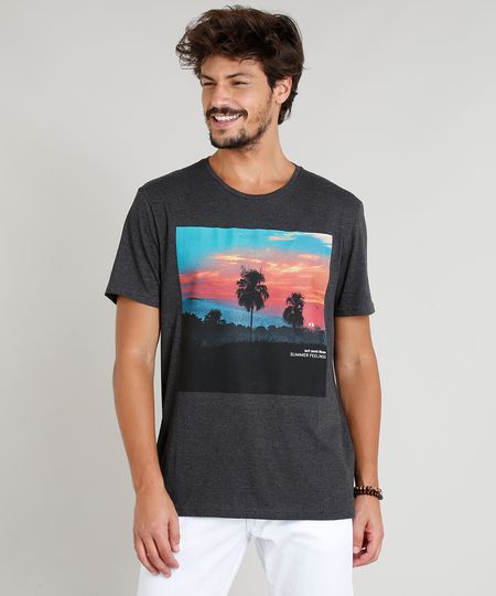 Menor preço em Camiseta Masculina com Estampa de Paisagem Manga Curta Gola Careca Cinza Mescla Escuro