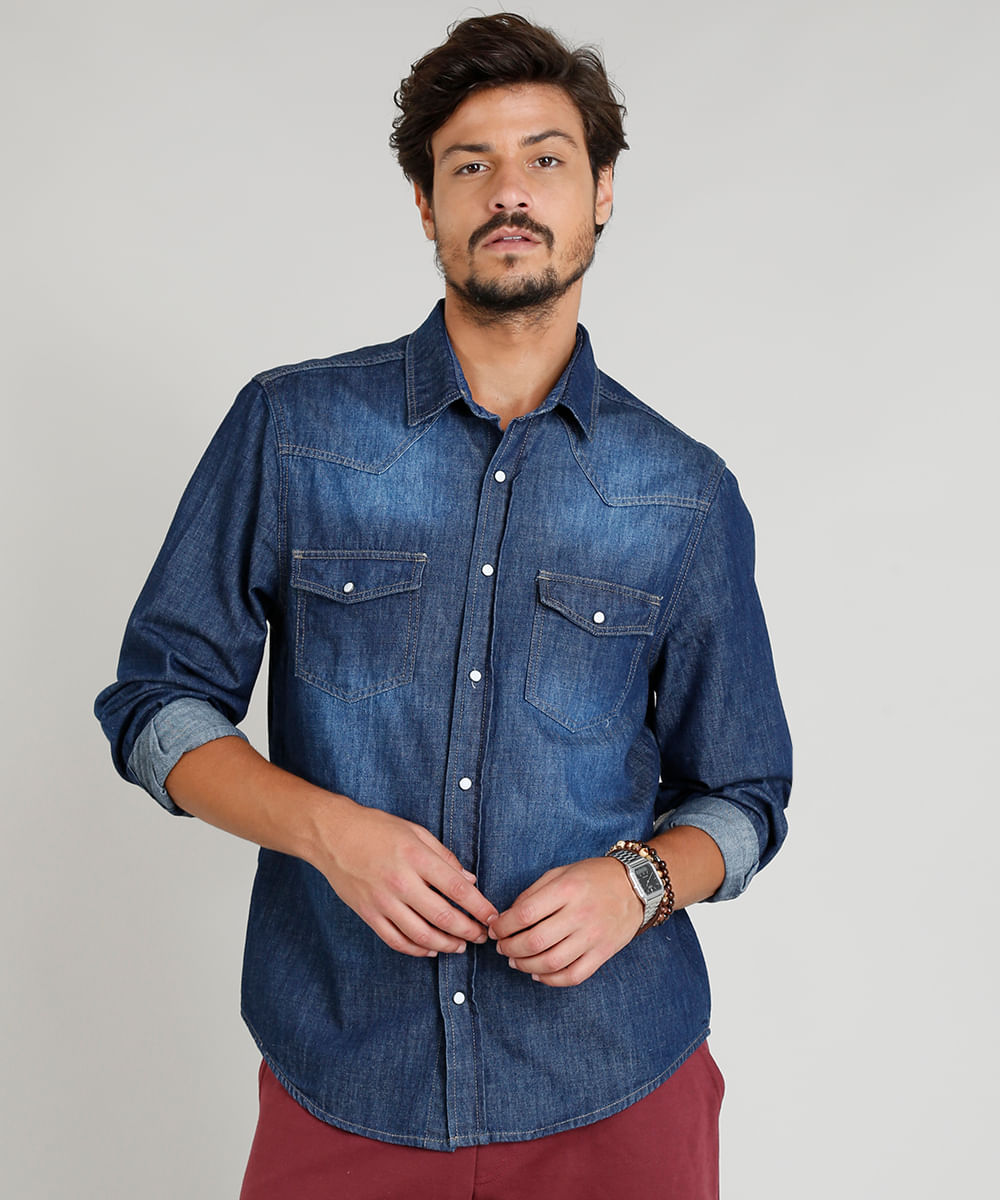 camisa jeans azul escuro masculina