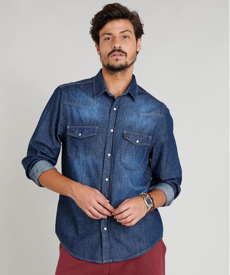 Camisa-Jeans-Masculina-com-Recortes-Manga-Longa-Gola-Esporte-Azul-Escuro-9308414-Azul_Escuro_1