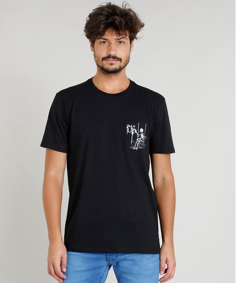 Camiseta-Masculina-com-Bolso-Estampado-de-Esqueleto-Manga-Curta-Decote-Careca-Preta-9380497-Preto_1