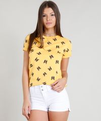 Blusa-Feminina-Estampada-Cachorros-Manga-Curta-Decote-Redondo-Mostarda-9236433-Mostarda_1
