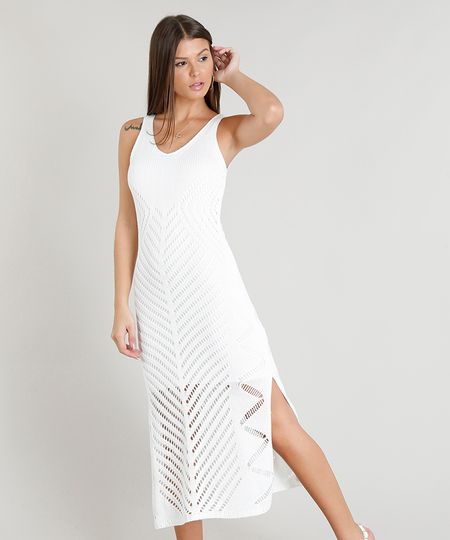 Vestido Midi Feminino em Tricô Decote Redondo Off White Menor preço em Vestido Midi Feminino em Tricô Decote Redondo Off White