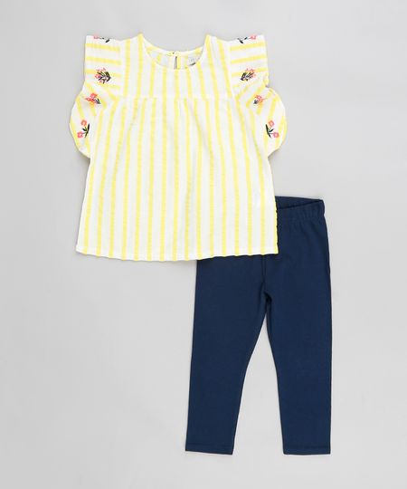Conjunto Infantil de Regata Estampada Listrada com Babados Branca + Calça Legging Azul Marinho Menor preço em Conjunto Infantil de Regata Estampada Listrada com Babados Branca + Calça Legging Azul Marinho