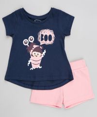 Conjunto-Infantil-Boo-Monstros-S-A-de-Blusa-Manga-Curta-Azul-Marinho---Short-em-Moletom-Rosa-9370444-Rosa_1