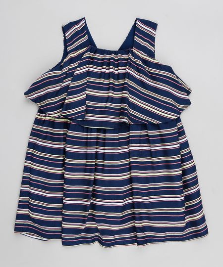 Vestido Infantil Listrado com Sobreposição Sem Manga Azul Marinho Menor preço em Vestido Infantil Listrado com Sobreposição Sem Manga Azul Marinho