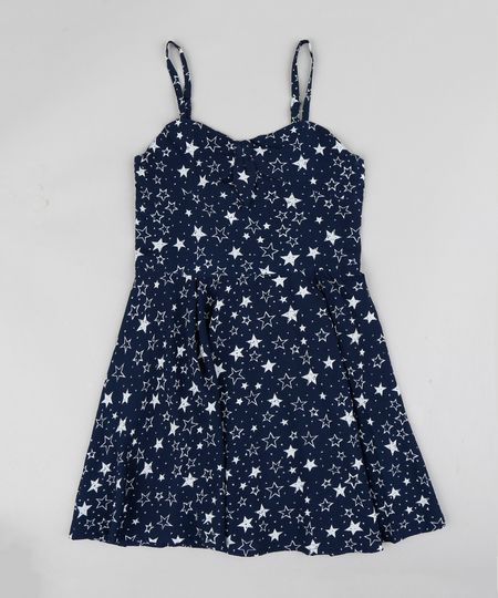 Vestido Infantil Estampado "Estrelas" com Nó Alça Fina Azul Marinho Menor preço em Vestido Infantil Estampado "Estrelas" com Nó Alça Fina Azul Marinho