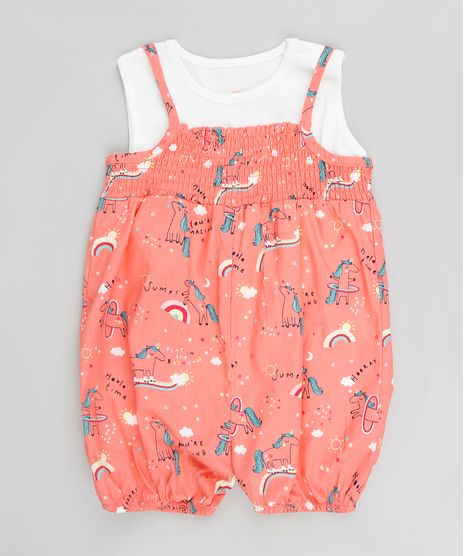 Conjunto-Infantil-de-Body-Sem-Manga-Off-White---Jardineira-Estampada-de-Unicornio-Coral-9121664-Coral_1