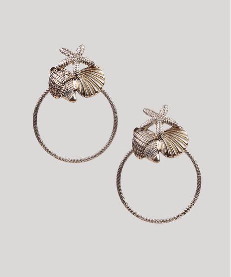 Brinco-Feminino-Argola-com-Estrela-do-Mar-e-Conchas-Dourado-9261833-Dourado_1