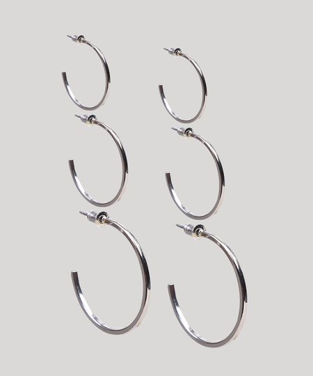 Kit de 3 Brincos Femininos de Argola Prateado - Único Menor preço em Kit de 3 Brincos Femininos de Argola Prateado - Único