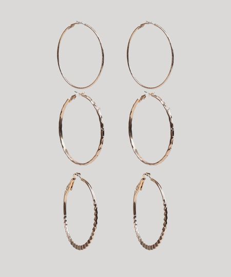 Kit de 3 Brincos Femininos de Argolas Texturizada Dourado - Único Menor preço em Kit de 3 Brincos Femininos de Argolas Texturizada Dourado - Único