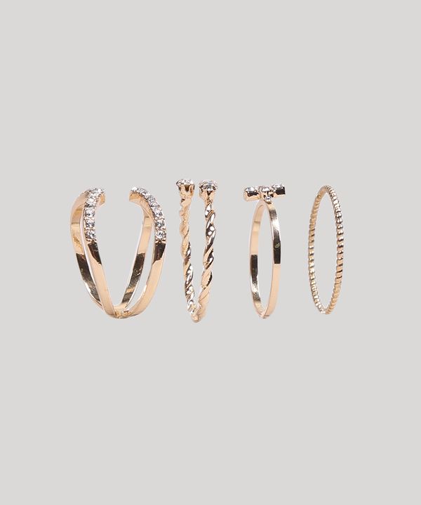 Kit de 4 Anéis Femininos com Strass Dourado M