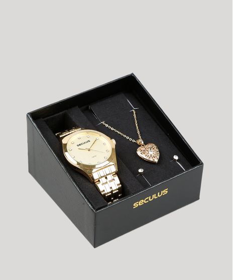 Kit-de-Relogio-Analogico-Seculus-Feminino---Brinco---Colar-Relicario---23630LPSVDS1K-Dourado-9399540-Dourado_1