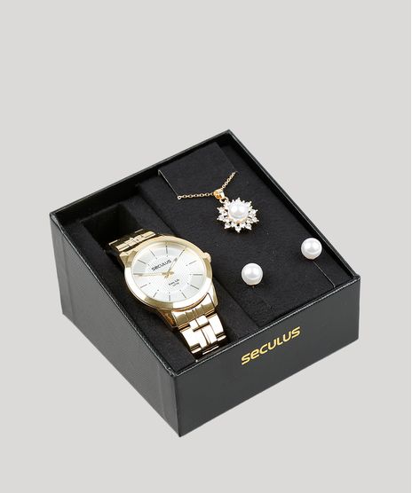 Kit-de-Relogio-Analogico-Seculus-Feminino---Brinco---Colar---28882LPSVDA1K-Dourado-9399756-Dourado_1